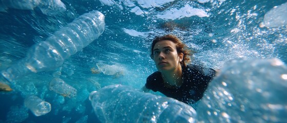 Man immersed amid floating plastic debris