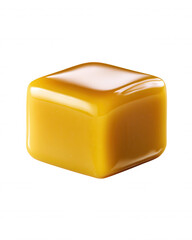 A glossy, golden-brown caramel candy cube sits perfectly isolated against a bright white background, showcasing its smooth surface and inviting sweetness and color.