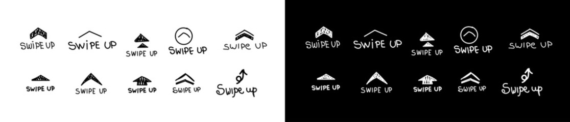 Doodle swipe up arrow. Hand drawn line black and white arrows	with text swipe up.

