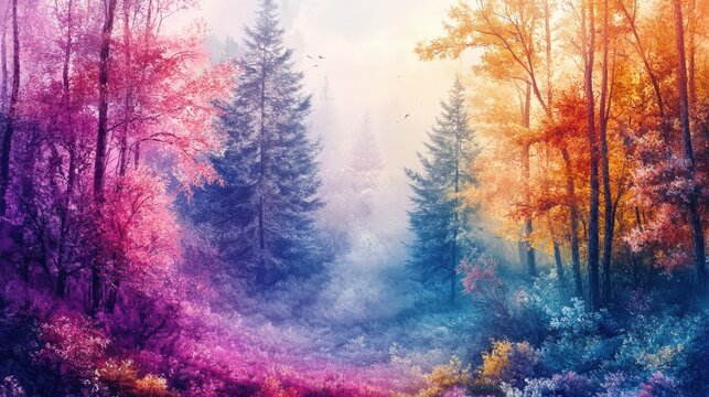 Artistic conception of beautiful landscape painting of nature of forest, background illustration, tender and dreamy design.