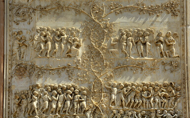 Stone facade of the Duomo di Orvieto. Orvieto Cathedral is a large 14th-century Roman Catholic...