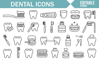 Digital Icons Featuring Toothbrushes, Teeth, and Dental Tools.