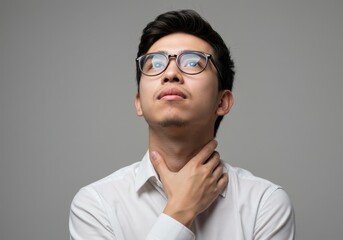 Young man in glasses looking up isolated on white background