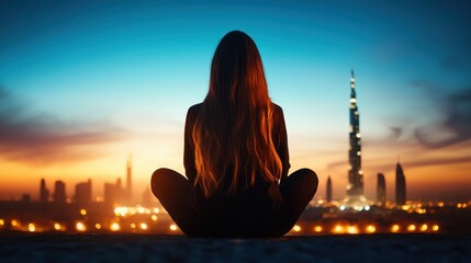 A silhouette of a contemplative woman sitting against a vibrant sunset skyline, symbolizing reflection, serenity, and the beauty of solitude amidst the hustle and bustle of life.