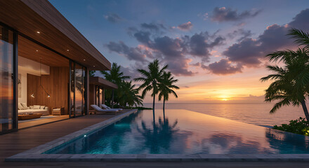 Obraz premium Luxurious villa with infinity pool overlooking the ocean at sunset, palm trees and dramatic sky