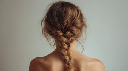 Woman With a Braid Poses Against a Plain Background Highlighting Her Hairstyle and Natural Beauty
