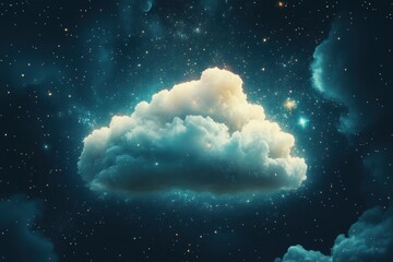 Fototapeta premium A floating abstract cloud a beautiful and enchanting cosmic background. A vibrant, colorful cloud floating in the sky with a starry background.