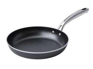 A new non-stick frying pan with a silver handle and rivets is shown isolated on a white background ready for cooking delicious meals at home kitchen.