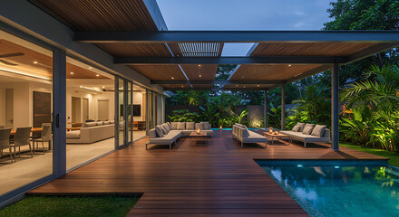 Fototapeta premium Luxury villa with outdoor living space featuring a pool, patio, and modern furniture at twilight