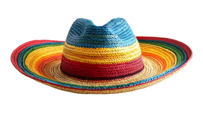 Colorful traditional Mexican sombrero hat isolated on white background. Unique straw headwear with vibrant rainbow colored trim. Perfect for Cinco de Mayo celebrations. Authentic cultural symbol of