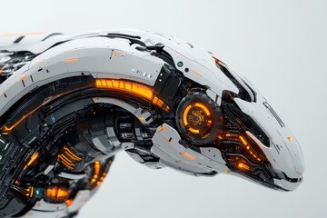 Robotic figure in a detailed profile view showcasing advanced technology. A woman's head with a robotic face and a black and orange helmet.