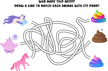 Humorous children s maze with panda, unicorn and hippo finding their poop. Colorful poop icons and silly expressions. Stock vector illustration in flat cartoon style.