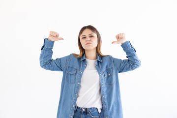 Close up photo amazing beautiful lady thumbs indicate direct chest self-confident I am best choice...