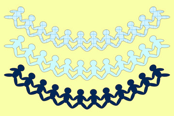 Cute flat cartoon vector illustration with set paper chain of human figures in a curve on yellow background. For back to school theme, education visual, educational concept, and classroom decor.