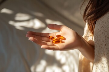 A woman gracefully holding omega-3 capsules under soft sunlight, with shadows playing across her hand, capturing the essence of health and wellness in a serene setting.