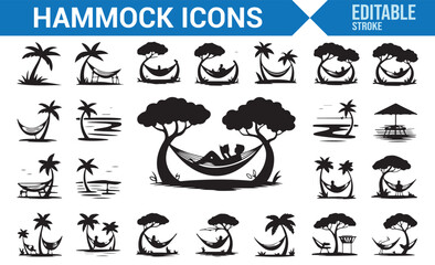 Set of Simple Line Icons for Hammocks, Palms, and Relaxation.