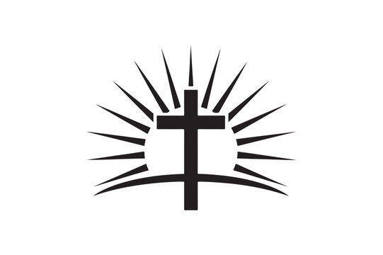 Sunrise behind cross silhouette vector art illustration on white background