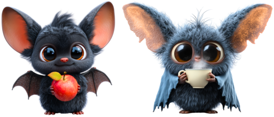 cute & children friendly cartoon bat characters: with apple and cup of hot drink isolated over white (transparent) bacground