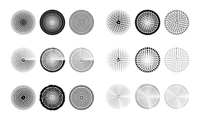 Set of circular ripple icons. Concentric circles with broken lines isolated on white background. Vortex, sonar wave, sound wave, sunburst, signal signs. Vector graphic illustration 