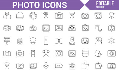 A Set of Icons for Photography: Camera, Tripod, and Lens Symbols.