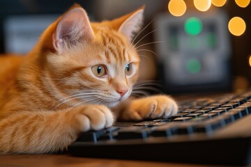 Fototapeta na wymiar Tech-savvy kitty curiously explores laptop keyboard on busy home office desk during cozy work hours