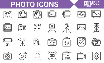 Monochrome Line Icons of Cameras, Lenses, and Photography Accessories.
