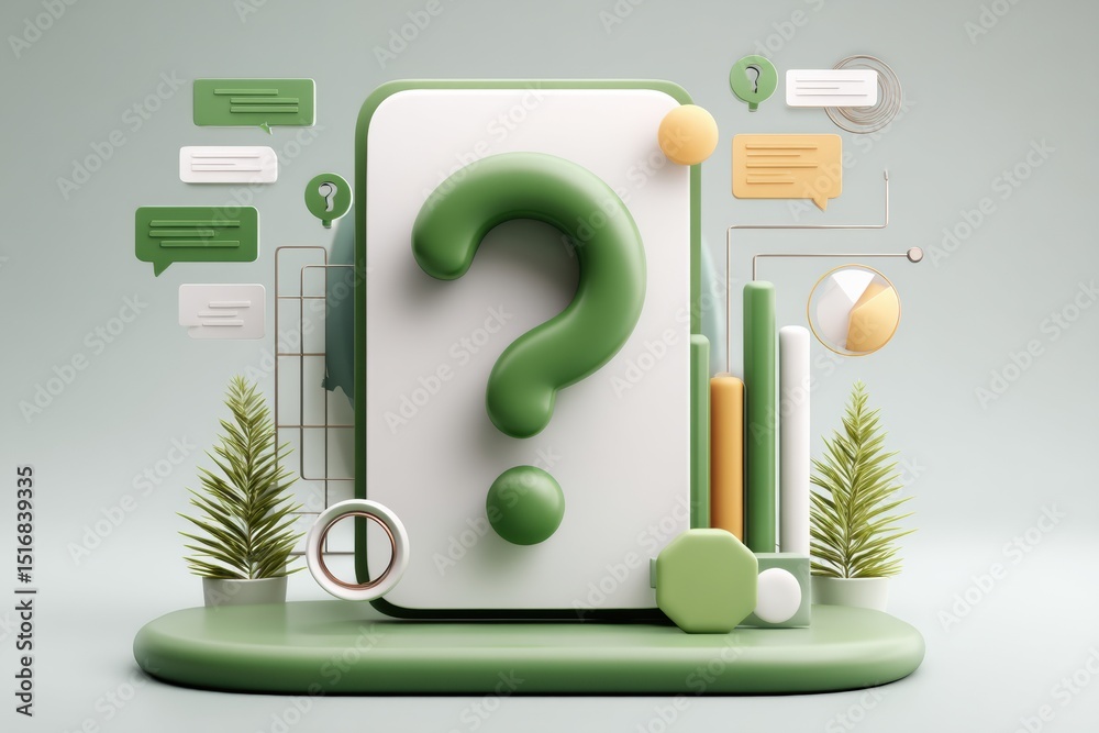 Poster creative illustration of a lively question mark in a clean interface, symbolizing curiosity and expl