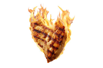 Fototapeta premium Burning Love: A Heart-Shaped Grilled Chicken Breast Engulfed in Flames, Symbolizing Passionate Cooking and a Fiery Appetite on a Dramatic Black Background.