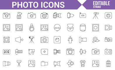Digital Icon Set Featuring Camera Equipment and Photography Tools.