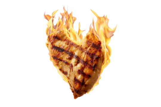 Burning Love: A Heart-Shaped Grilled Chicken Breast Engulfed in Flames, Symbolizing Passionate Cooking and a Fiery Appetite on a Dramatic Black Background.
