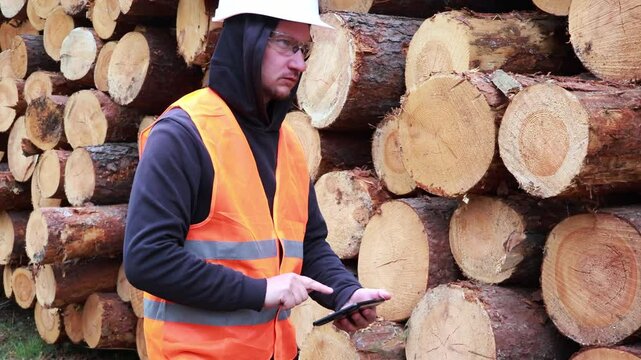 A worker dressed in safety gear uses a tablet to input data while standing next to a large pile of logs in a timber yard. The setting is outdoors, surrounded by trees and processed wood materials