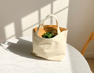 Canvas Bag Filled with Groceries on a White Table