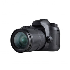 A sleek black digital SLR camera is presented against a pure white background, showcasing its lens, body, and design for photographers to use professionally.