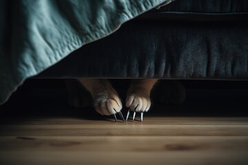 A cat??s claws extending out from beneath a dark velvet sofa, barely catching the light as they scrape against the wooden floor