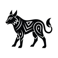 Stylized Black Dog Illustration with Tribal Patterning