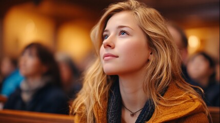 Serene young woman church congregation scene