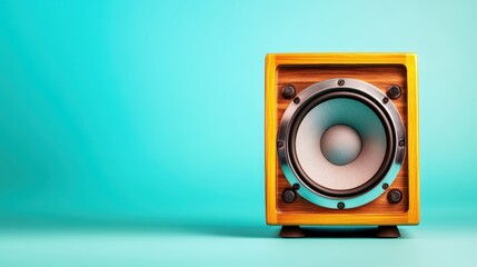 This aesthetic image features a wooden speaker standing against a bright turquoise backdrop, showcasing its intricate design and inviting viewers to appreciate sound technology with style.