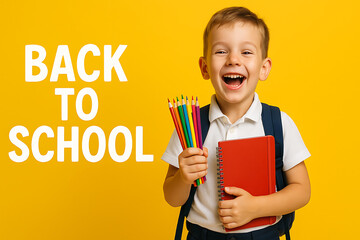 Back to school supplies happy student education learning schoolboy smile