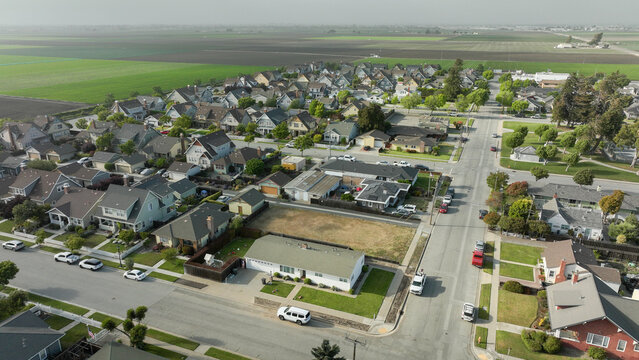 Aerial view of the tiny community of Spreckels.  In the heart of the Salinas Valley.  Well kept houses in a proud community