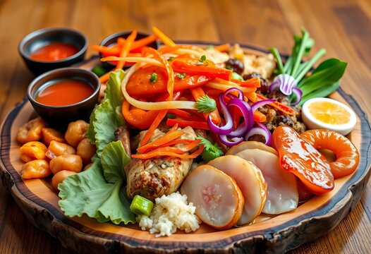 A vibrant array of Asian cuisine on a rustic wooden plate, tasty, delicious food