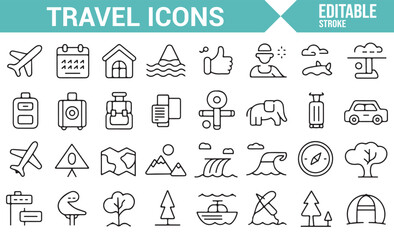 Set of tourism icons including suitcase, wave, and hiking symbols.