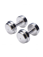Obraz premium Two chrome dumbbells are presented on a clean white background, ideal for fitness enthusiasts seeking strength training equipment or gym accessories.