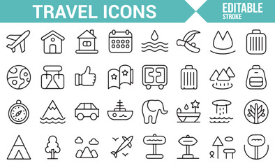 Travel icon set featuring airplane, hotel, mountain, and compass symbols.