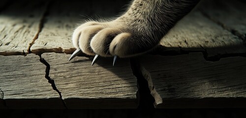 A cata??s paw gripping the edge of a cracked wooden floorboard, its claws digging into the aged surface. The lighting casts dramatic shadows that heighten the tension in the scene.



