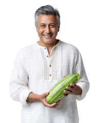A smiling mature man with grey hair proudly displays a fresh green zucchini in his hands against a clean white background, embodying healthy eating habits.