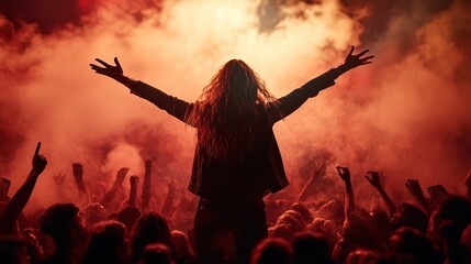 A passionate concert-goer with arms raised against a backdrop of red lights and smoke, embodying the energy and euphoria of live music experiences.
