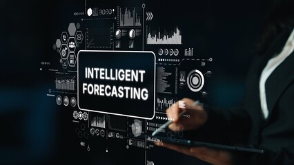 Professional Businesswoman Holding Tablet with Intelligent Forecasting Concept and Data Visualization Graphics in Background. Asymptotic smart data analytic.