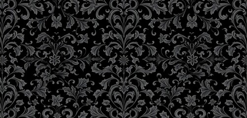Intricate black gothic damask wallpaper with seamless floral vines and swirling patterns, illustration, luxury