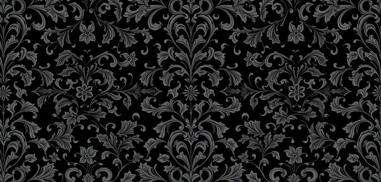 Intricate black gothic damask wallpaper with seamless floral vines and swirling patterns, illustration, luxury