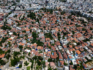 Aerial view of Kaleici, Antalya, Turkey, showcasing traditional Ottoman houses and narrow streets